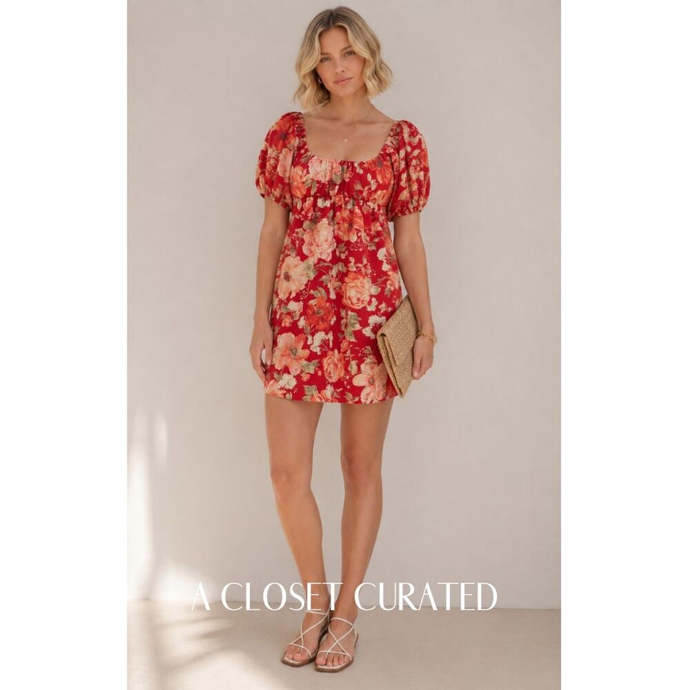 Posse Raquel Floral Linen Mini Dress XS Red